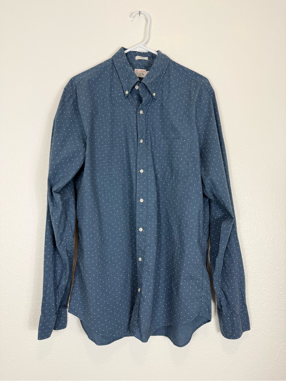 J. Crew Button Down Shirt Secret Wash Classic Fit Blue White Polka Dot